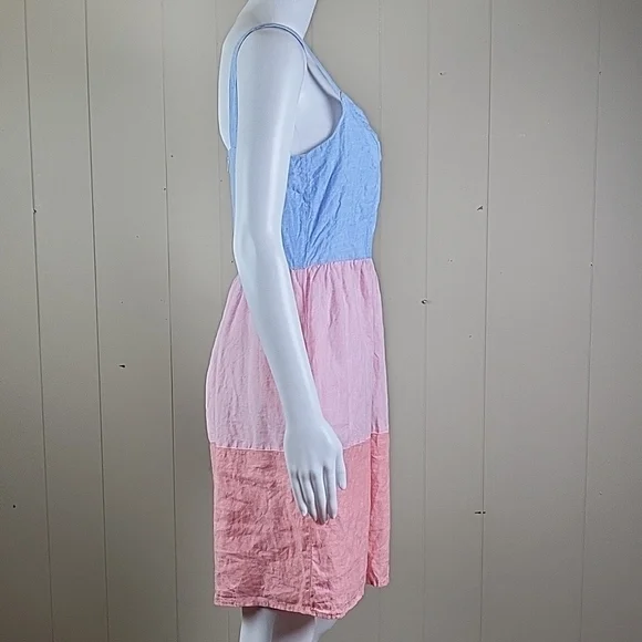 Cynthia Rowley 100% Linen Pink & Blue Chambray Color Block Tiered Sundress - Picture 5 of 16